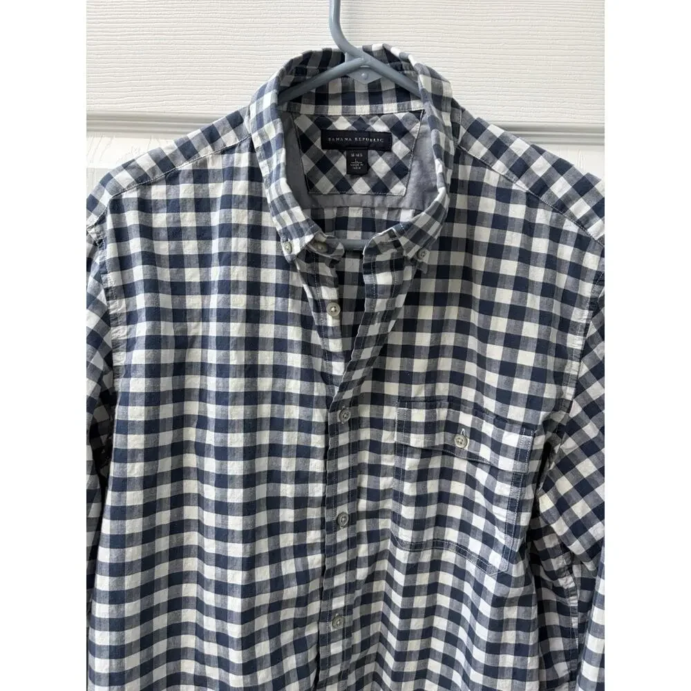 Banana Republic Men Shirt Large Blue White Check Long Sleeve Flip Cuff Button Up